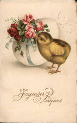 Joyeuses Pâques: Chick with Roses and Easter Egg With Chicks Postcard Postcard Postcard