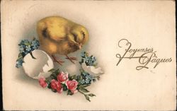 Fluffy Yellow Chick Emerging from Eggshell, Joyeuses Pâques Easter Postcard Postcard Postcard