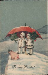 Two Children with Holly Under Red Umbrella, Bonne Année Postcard