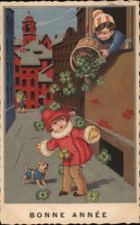 Girl and Dog Catching Falling Four-Leaf Clovers, Bonne Année Children Postcard Postcard Postcard