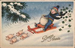 Bonne Année: Child on Pig-Drawn Sled with Bag of Luck Postcard