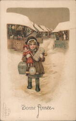 Child with Doll and Gifts, Bonne Année Greeting Children Postcard Postcard Postcard