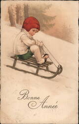 Child in Red Hat Sledding Down Snowy Hill Boys Postcard Postcard Postcard