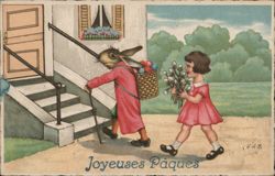 Anthropomorphic Easter Bunny Delivers Eggs to Girl With Bunnies Postcard Postcard Postcard