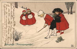 Children Drawing Pig in Snow, German Christmas Postcard Postcard