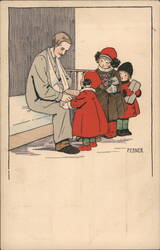 Children Visiting Injured Man in Hospital, Vintage Illustration Postcard