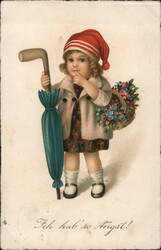 Anxious Child with Hockey Stick, Umbrella, and Flowers Postcard