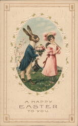 Happy Easter Rabbit Gentleman and Girl Postcard