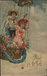 Children in Hot Air Balloon Basket, Happy New Year Greeting Postcard