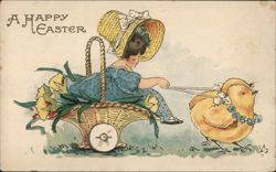 Girl in Basket Carriage Pulled by Chick - Happy Easter Postcard Postcard Postcard