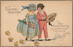 Easter Greeting: Children with Chicks and Flowers Postcard