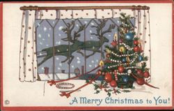 Christmas Eve: Reindeer Fly Past a Decorated Tree Postcard