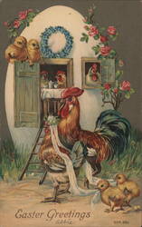 Whimsical Easter Rooster with Chicks and Family Scene Postcard