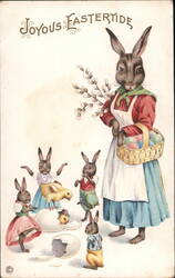 Joyous Eastertide: Mother Rabbit with Chicks and Baskets With Bunnies Postcard Postcard Postcard