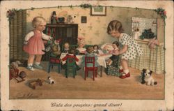 Two Children Host a Grand Doll Dinner Party Postcard