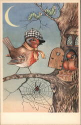 Whimsical Robin Family with Two Caterpillars and Spider Postcard