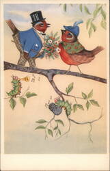 Whimsical Bird Couple with Caterpillars Serenading Birds Postcard Postcard Postcard