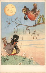 Whimsical Robins Chatting on the Telephone Under a Smiling Moon Birds Postcard Postcard Postcard