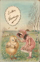 Little Girl and Chick with Bell Necklace: Easter Greetings With Chicks Postcard Postcard Postcard