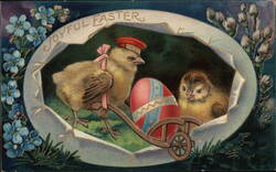 Joyful Easter Chicks with Wheelbarrow and Decorated Egg Postcard