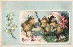 Three Baby Chicks with Easter Eggs and Lily of the Valley Postcard