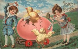 Easter Chicks Hatching from Giant Egg, Children with Toys Postcard