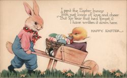 Easter Bunny & Chick with Wheelbarrow of Eggs Postcard