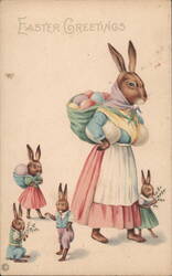 Easter Bunny Family Delivering Colorful Eggs With Bunnies Postcard Postcard Postcard