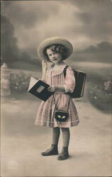 Young Girl with School Books and Satchel Girls Postcard Postcard Postcard