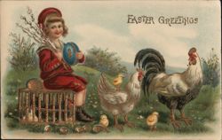 Little Girl with Easter Eggs and Chickens Postcard