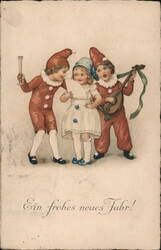 Three Children in Festive Costumes Celebrate New Year's Postcard Postcard Postcard