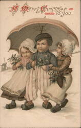 Three Children with Holly Sprigs Under Umbrella Postcard