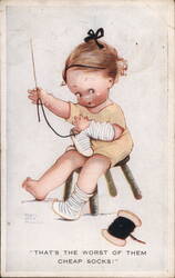 Little Girl Darning Cheap Socks, Humorous Children's Postcard Postcard