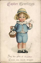 Easter Greetings with Child holding Egg Basket With Children Ellen Clapsaddle Postcard Postcard Postcard