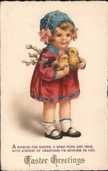 Little Girl with Chicks and Pussy Willows: Easter Greetings Postcard