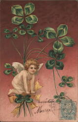 Cherubic Angel with Four-Leaf Clovers, Embossed Vintage Postcard Angels Postcard Postcard