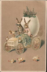 Two Bunnies Delivering Giant Easter Egg by Car Postcard