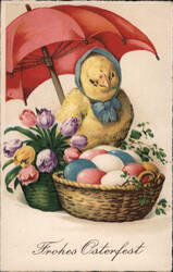 Easter Chick with Umbrella, Flowers, and Eggs With Chicks Postcard Postcard Postcard