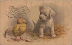 Joyeuses Pâques: White Puppy and Chick in Nest Easter Postcard Postcard Postcard