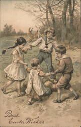 Children Playing with Easter Eggs, Antique Easter Postcard With Children Postcard Postcard