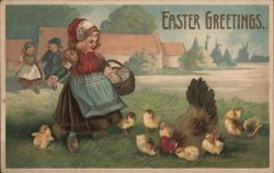 Easter Greetings: Girl with Chicks and Hen Postcard Postcard Postcard