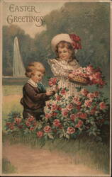 Children Picking Roses in Garden, Easter Greetings Postcard