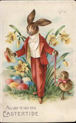 Easter Bunny in Red Suit with Chick and Eggs With Bunnies Postcard Postcard Postcard