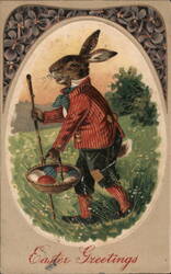 Easter Bunny with Basket and Walking Stick Postcard