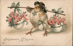 Chick Carrying Easter Eggs with Flowers in Baskets With Chicks Postcard Postcard Postcard