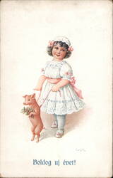 Young Girl with Piglet, Boldog új évet! Hungarian New Year's Greeting Pigs Postcard Postcard Postcard