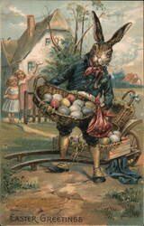 Anthropomorphic Rabbit Delivering Easter Eggs With Bunnies Postcard Postcard Postcard