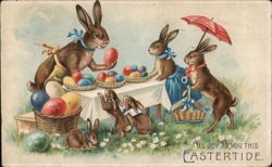 Easter Bunnies Preparing Colorful Eggs With Bunnies Postcard Postcard Postcard