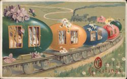 Easter Bunnies in Egg Train With Bunnies Postcard Postcard Postcard