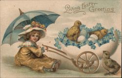 Girl with Parasol and Chick-Filled Easter Egg Cart Postcard